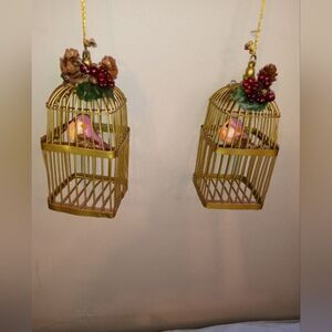 2 Vintage Birds In Cage Ornaments